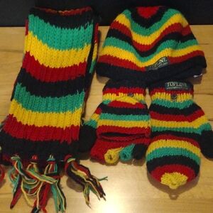 Topline Striped Wool Rasta Hat, Scarf, and Gloves Set